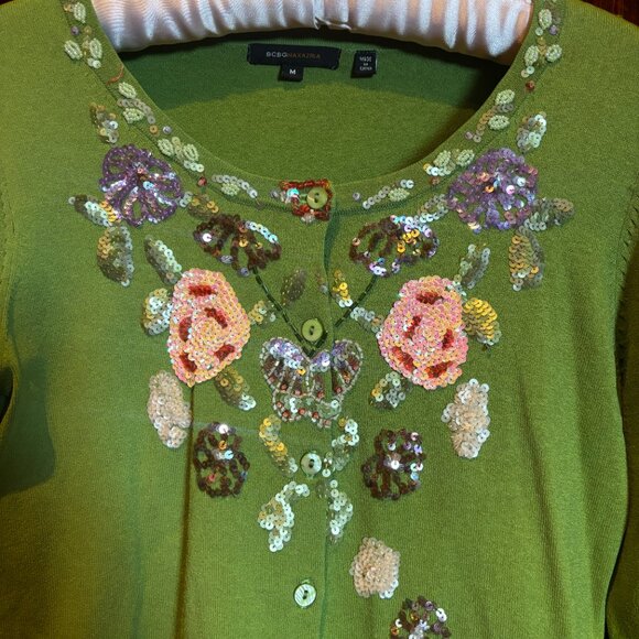 BCBG Max Azria Green Cardigan with Sequin Flowers Size Medium - Picture 2 of 6